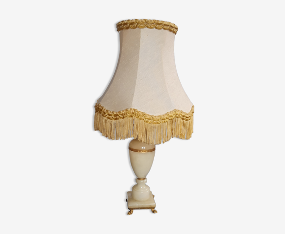 Lampe à poser, pied marbre jaune et laiton, abat jour pagode soie,doublé, vintage, ht 40 cm