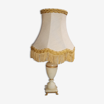 Table lamp, yellow marble and brass foot, silk pagoda lampshade, doubled, vintage, ht 40 cm