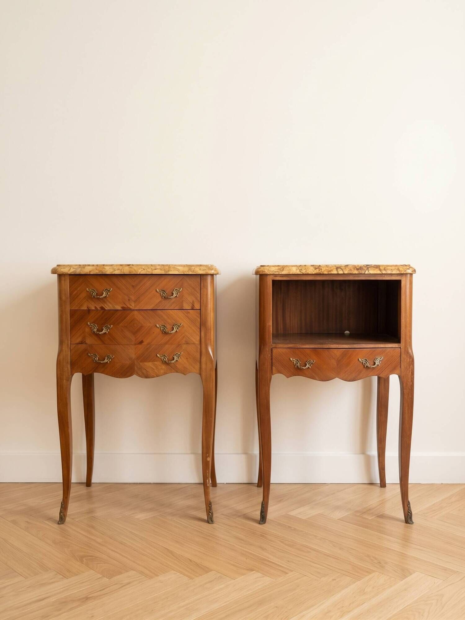 Pair of Louis XV bedside tables with marble and marquetry.