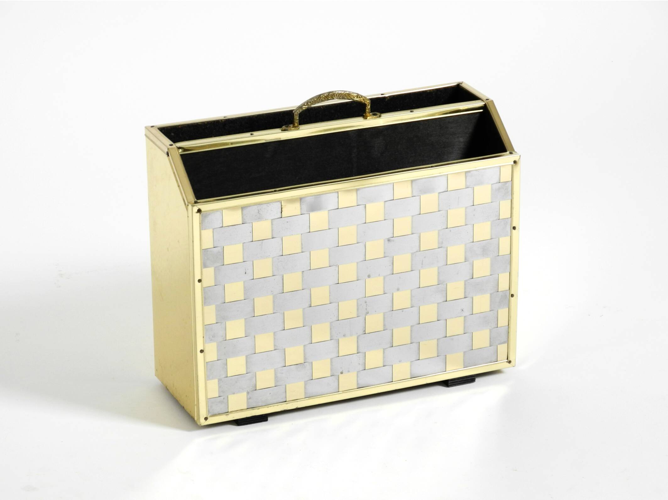 1980s newspaper rack made of brass and wood in Hollywood Regecy design