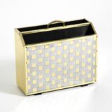 1980s newspaper rack made of brass and wood in Hollywood Regecy design