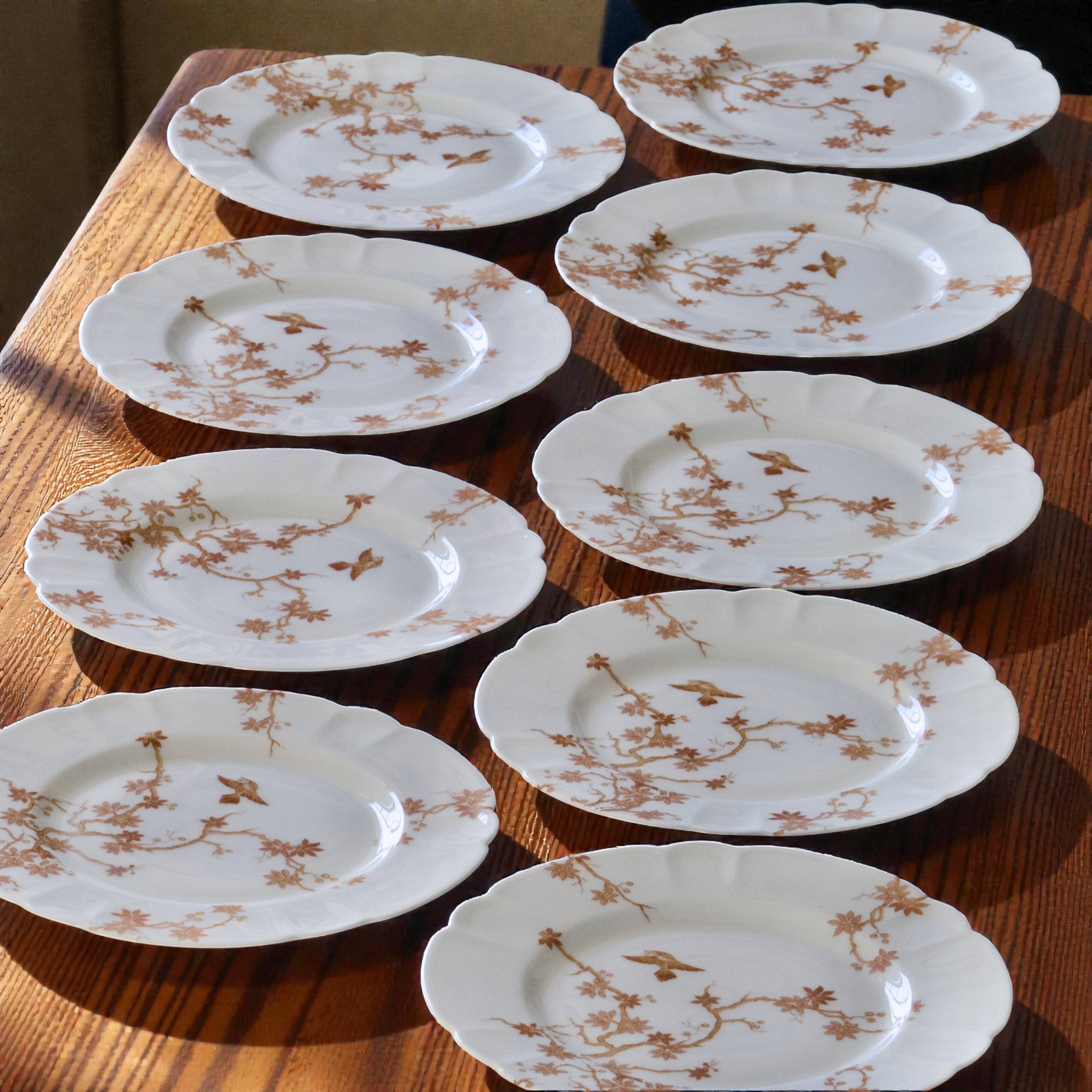 Antique Limoges Haviland porcelain dinner plates, bird decoration