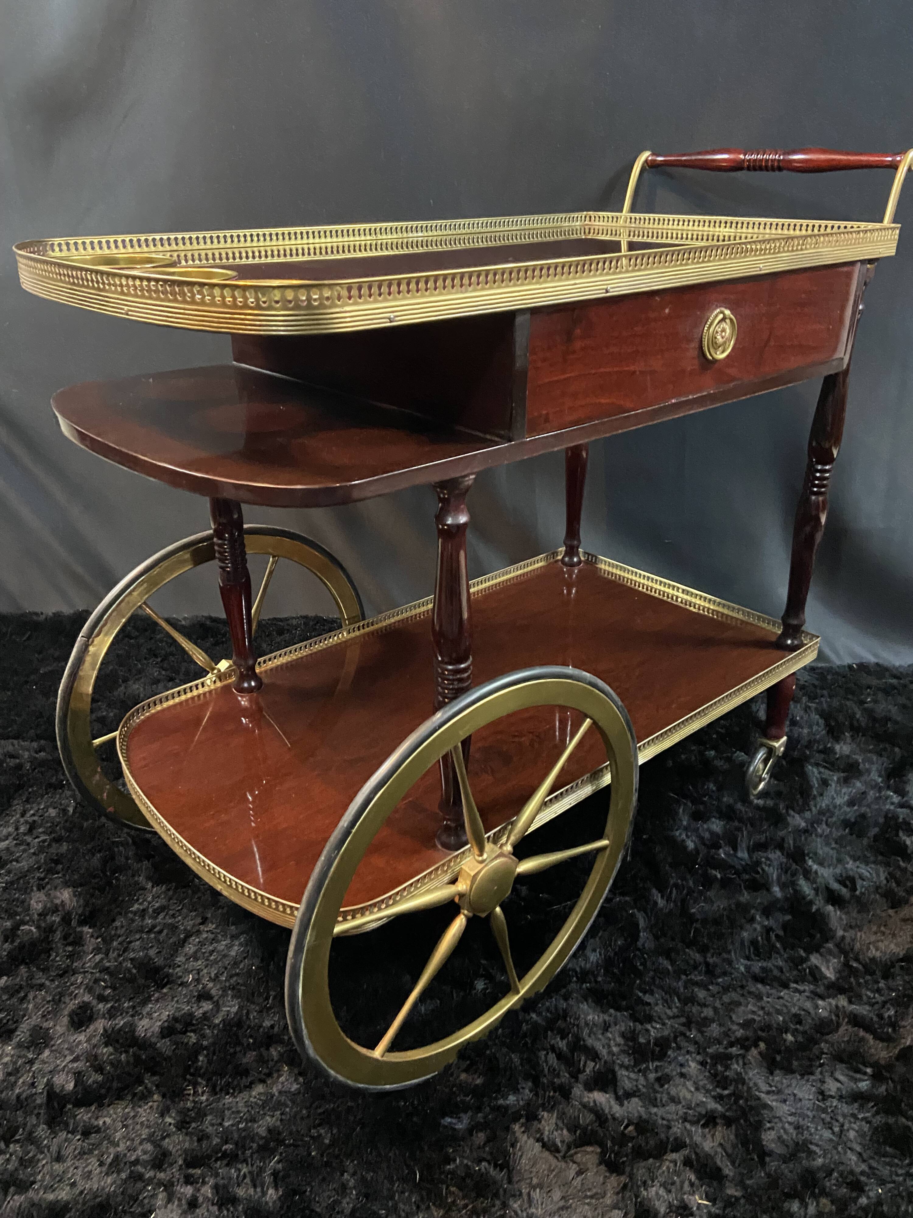 Rolling bar cart, bar trolley, bar rolling in varnished mahogany and brass