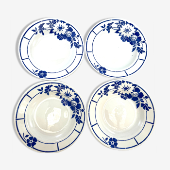 4 assiettes creuses vintage blanc fleur bleue Ceranord