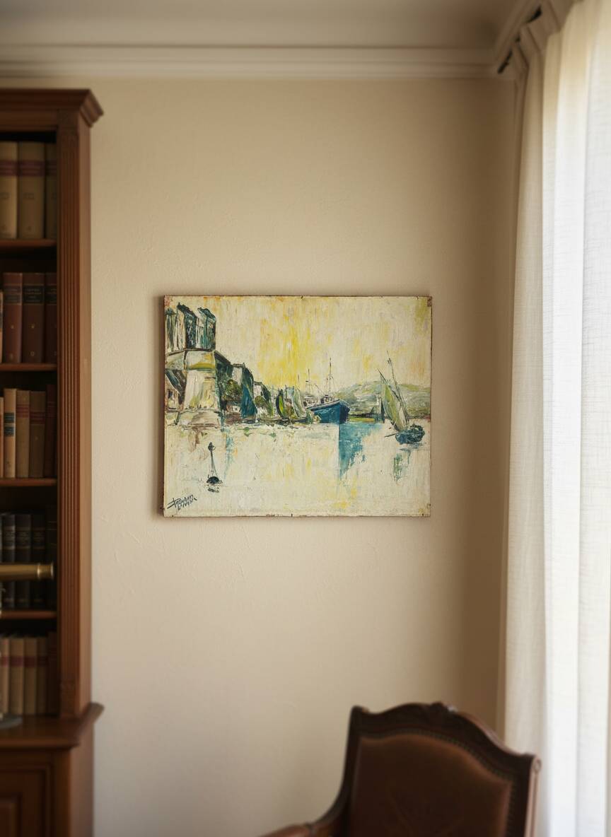 Animated view of a table with sailboats, signed.