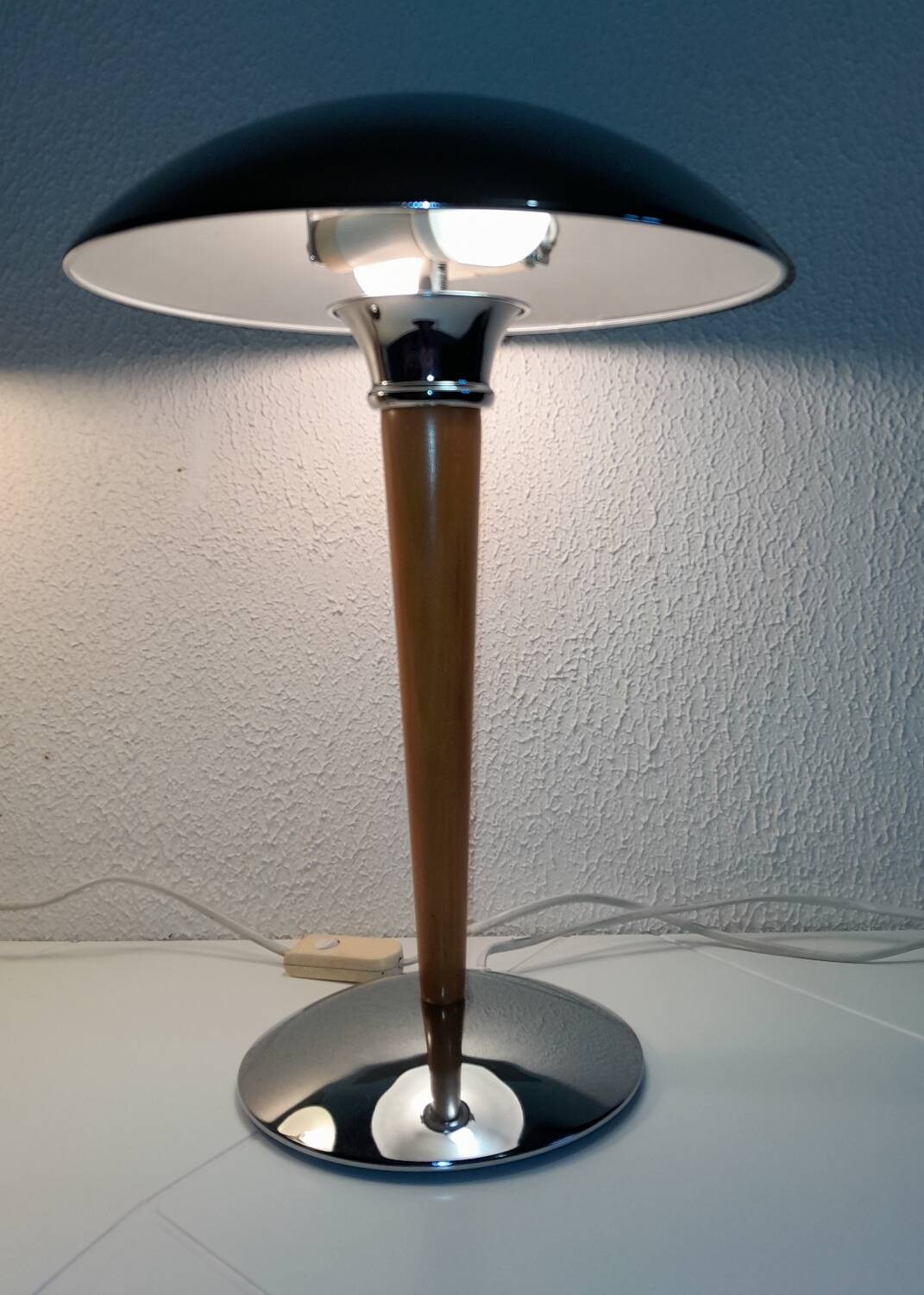 Pair of vintage 1980s wood and chrome ocean liner lamps