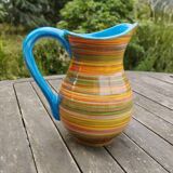 Striped ceramic pitcher, blue handle, Spanish craftsmanship, Ivanros