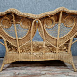 Bohemian bench has 2 wicker seats around 1970