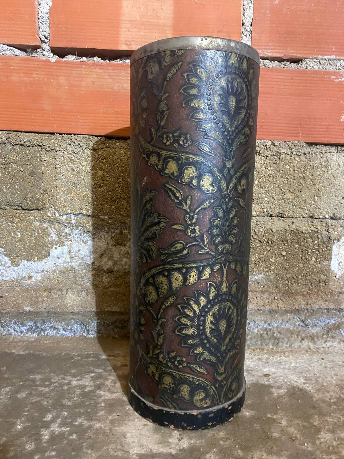 Vintage Lincrusta Loreid Umbrella Stand in Leather with Metal Rim
