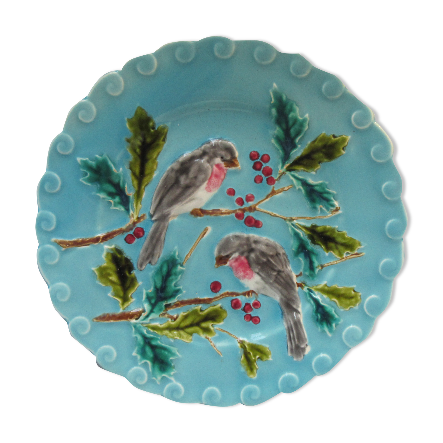 Plate slurry of Sarreguemines birds pecking holly