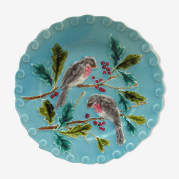 Assiette barbotine de sarreguemines oiseaux picorant du houx