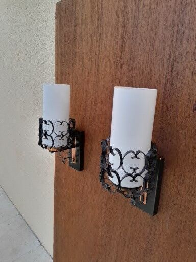 Pair vintage wrought iron wall lamps