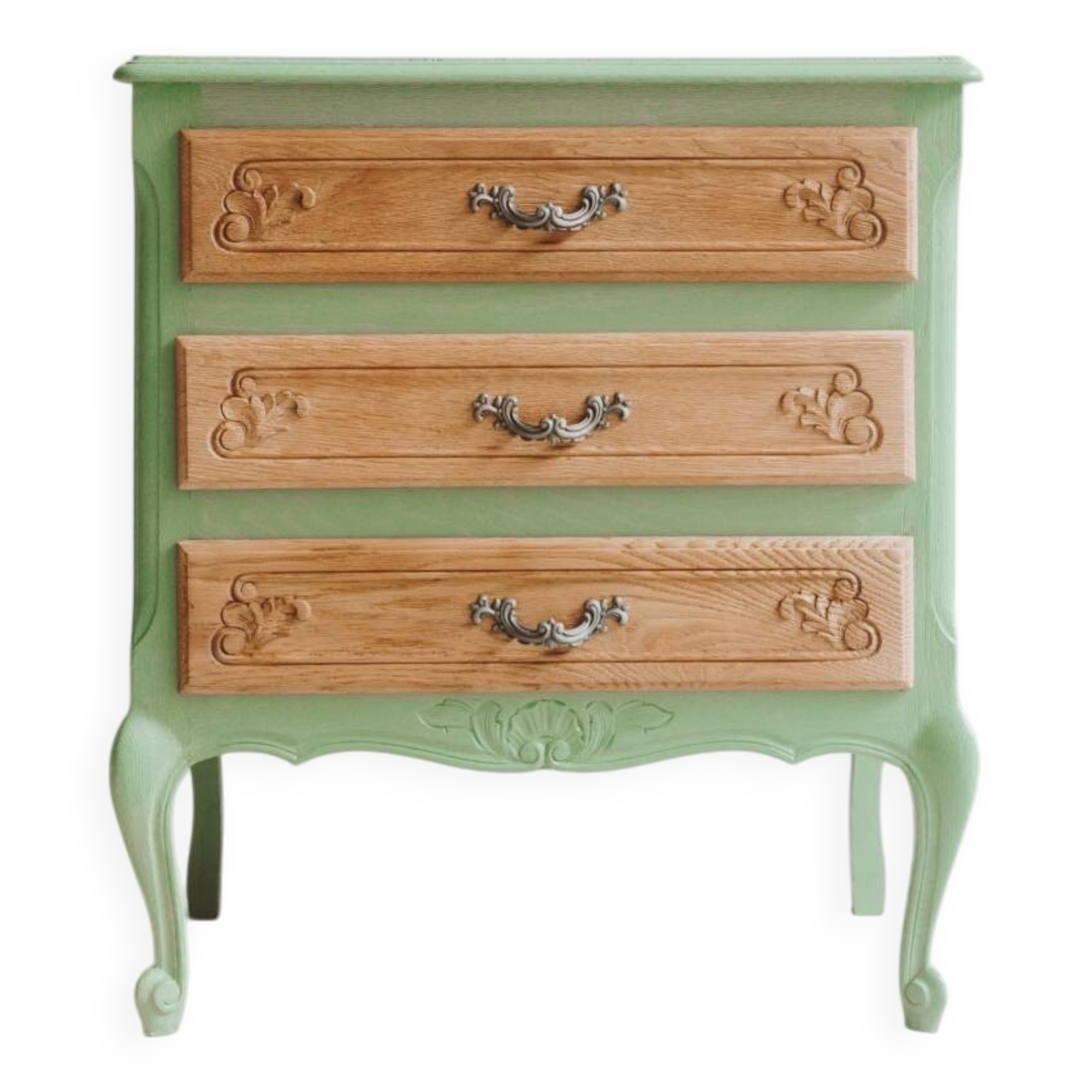Small green Parisian chest of drawers with 3 drawers in semi-solid oak