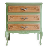 Small green Parisian chest of drawers with 3 drawers in semi-solid oak