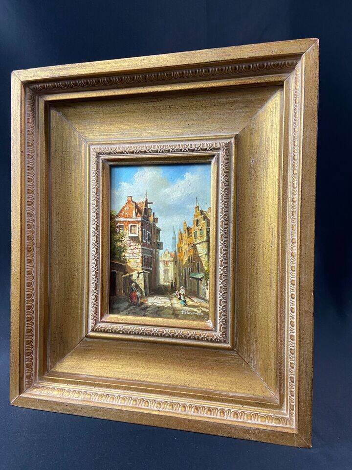 Oil painting on panel German school busy street Germany J. Hausman