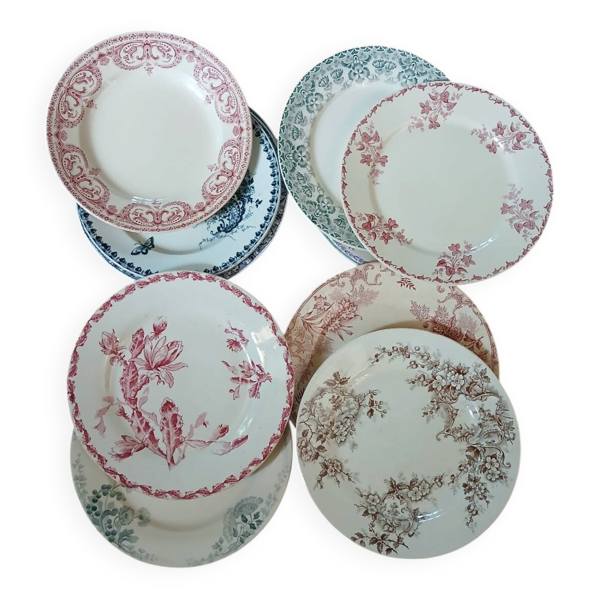 12 antique flat plates in ironstone
