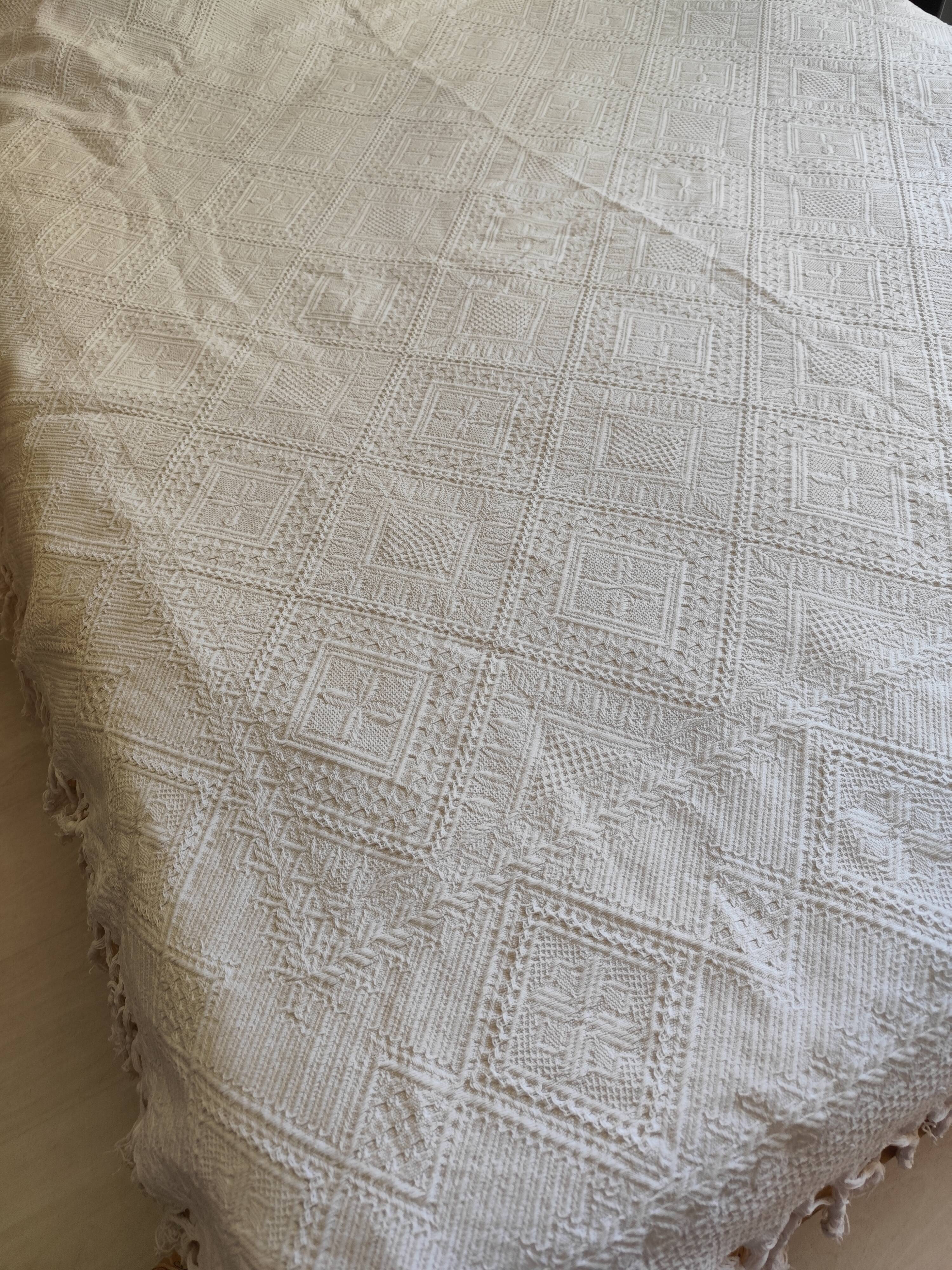 White cotton bedspread, vintage woven cotton bed throw.