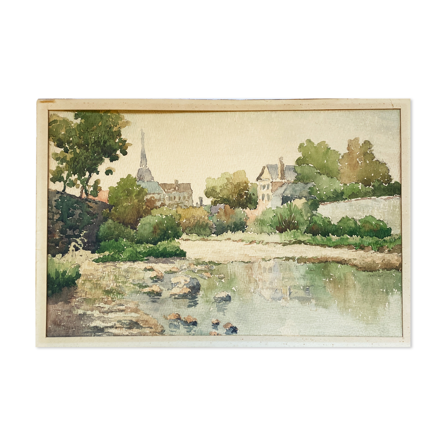 Painting "the village with the bell tower" by charton-desmazieres (xix-xx) watercolor