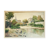 Painting "the village with the bell tower" by charton-desmazieres (xix-xx) watercolor