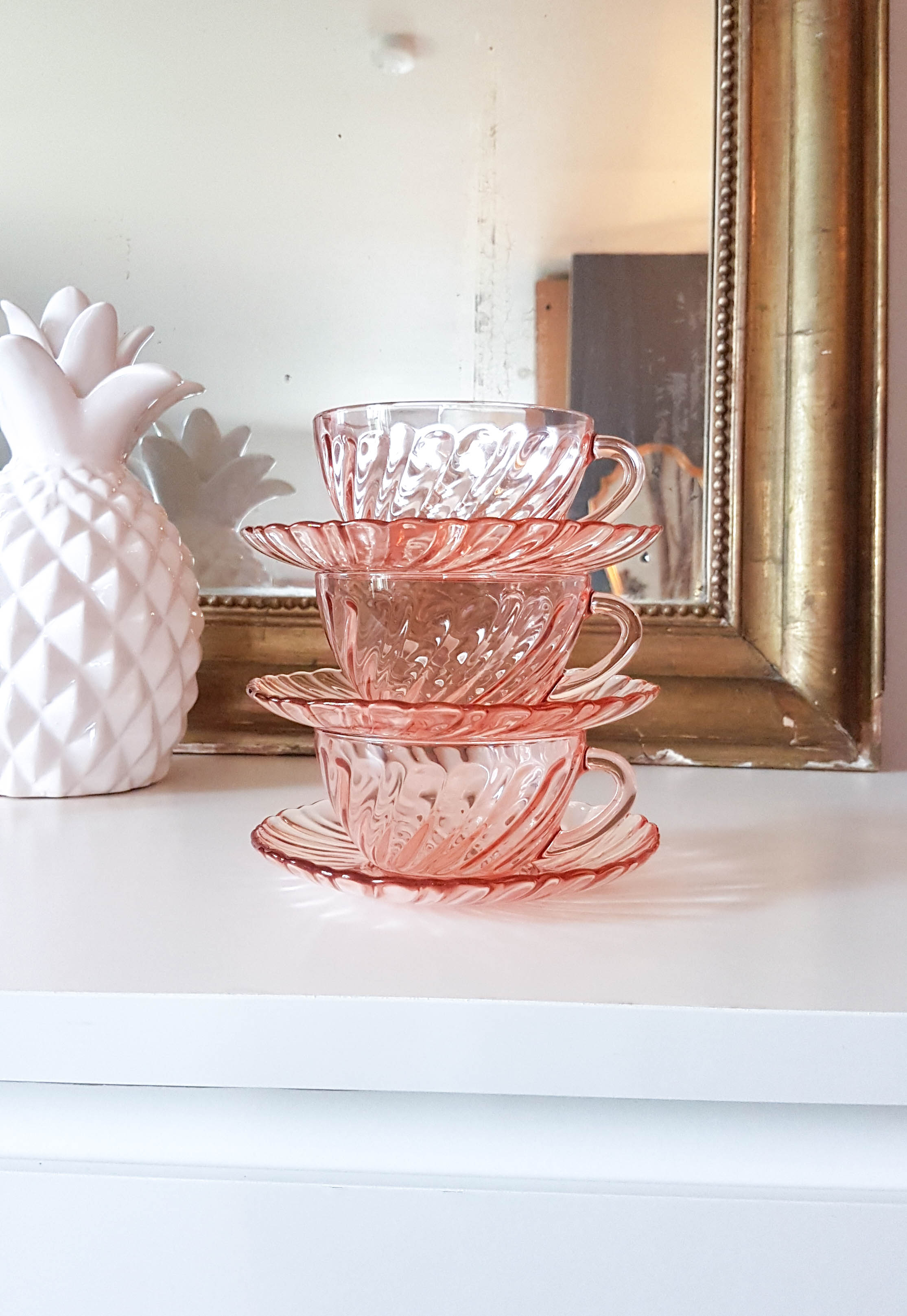 Lot of 6 Pink Tea Cups - Rosaline Subcups ARCOROC LUMINARC Tea Service