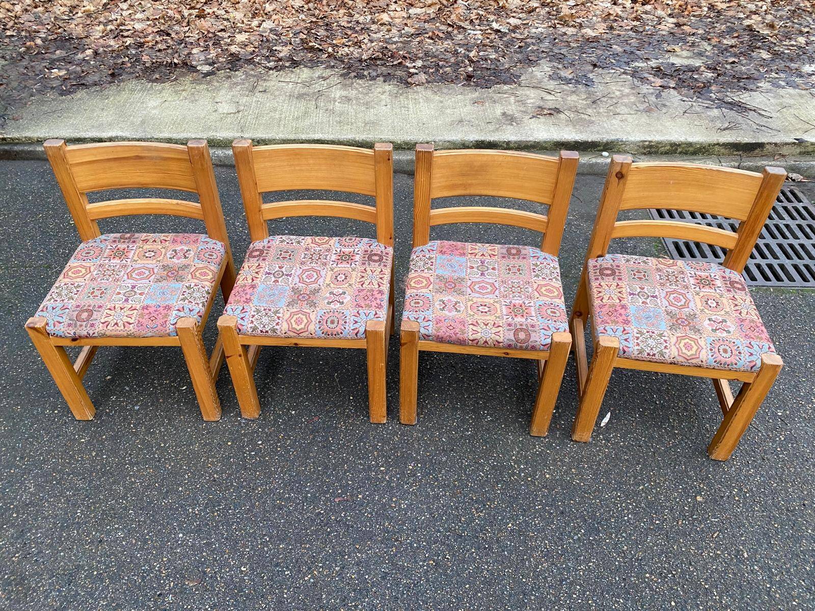 4 Scandinavian Brutalist chairs from Maison Regain, solid wood and floral fabric