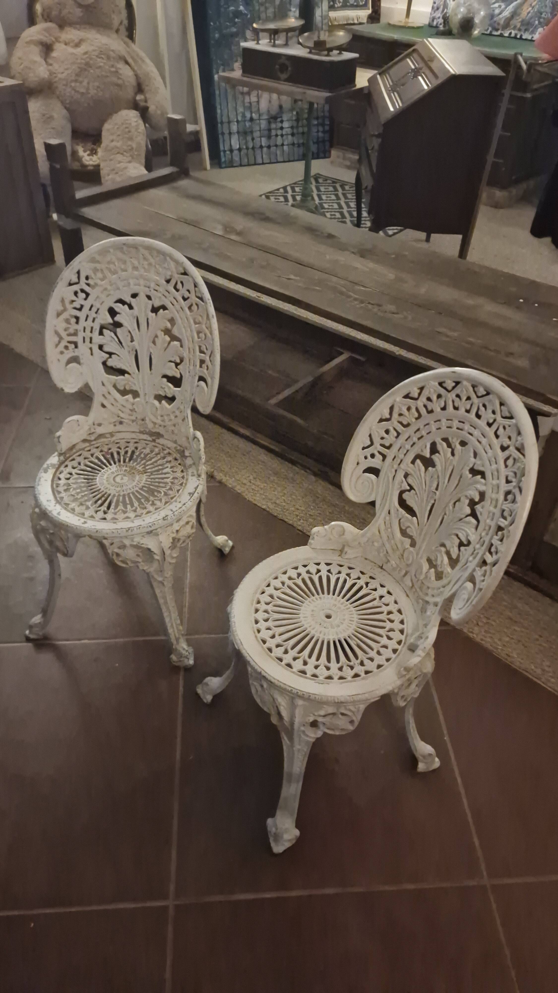 Pair of antique openwork aluminum garden chairs – Victorian style