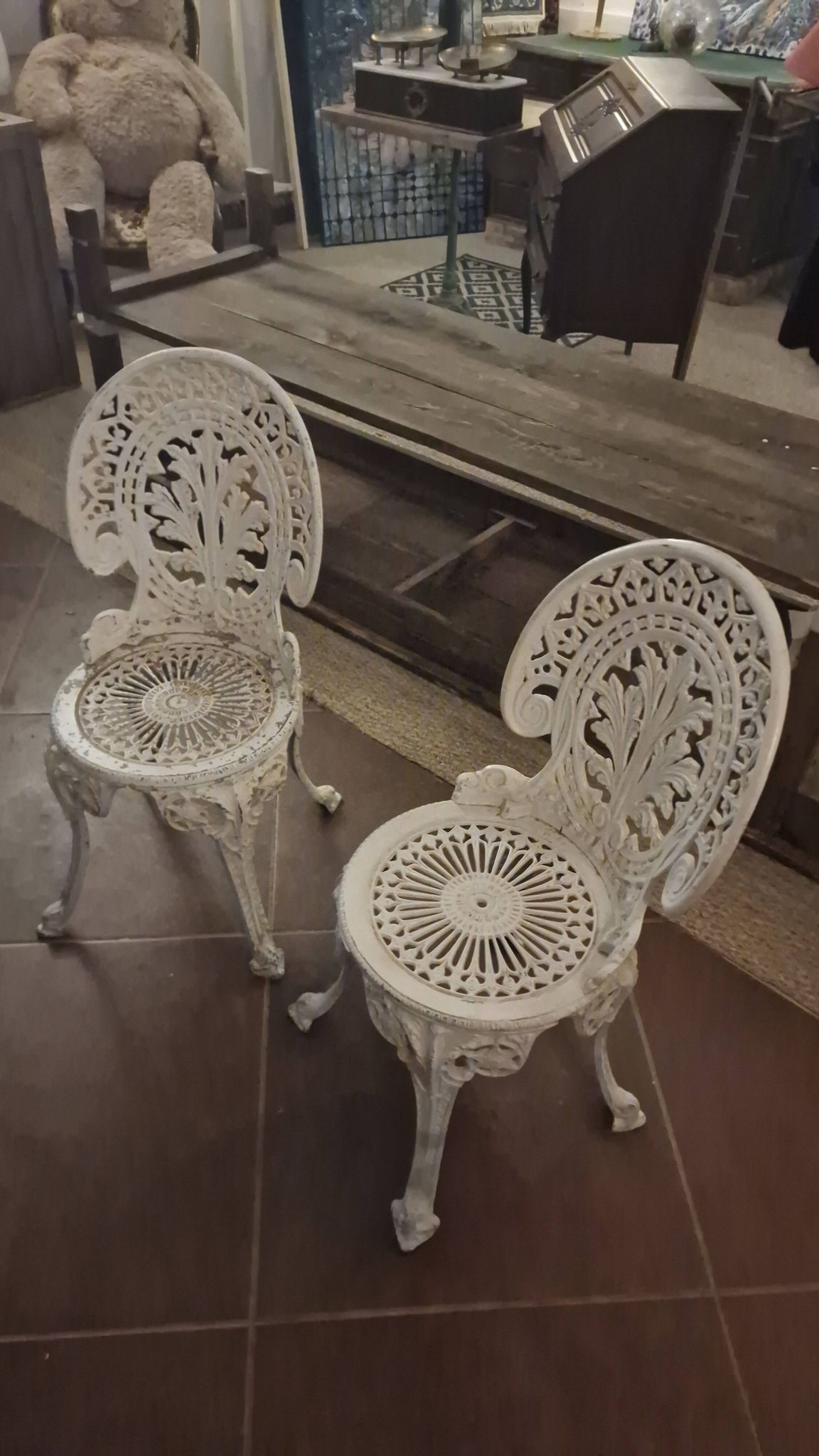 Pair of antique openwork aluminum garden chairs – Victorian style