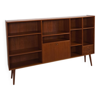Deens teak brede LP kast met planken, lades en bar met spiegel