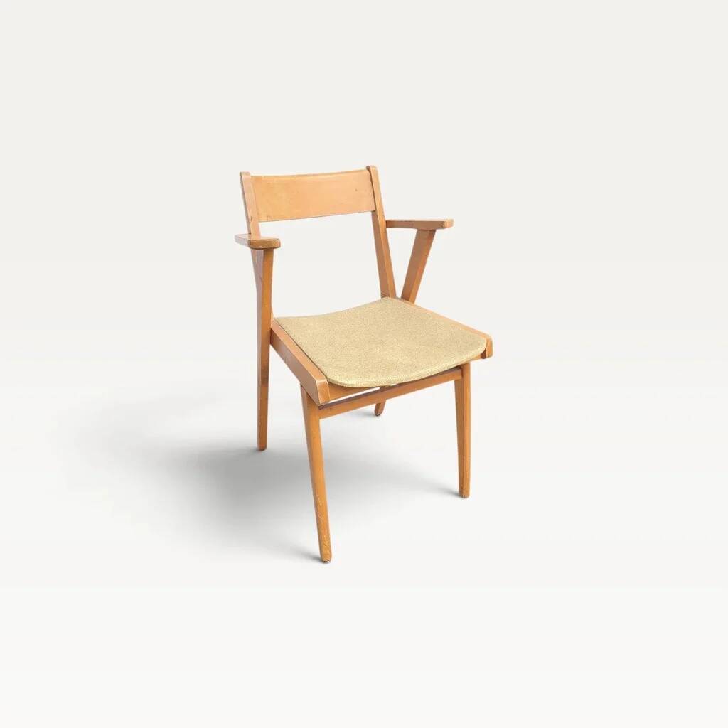 Vintage bridge armchair in beech and pale yellow faux leather from the 1960s.