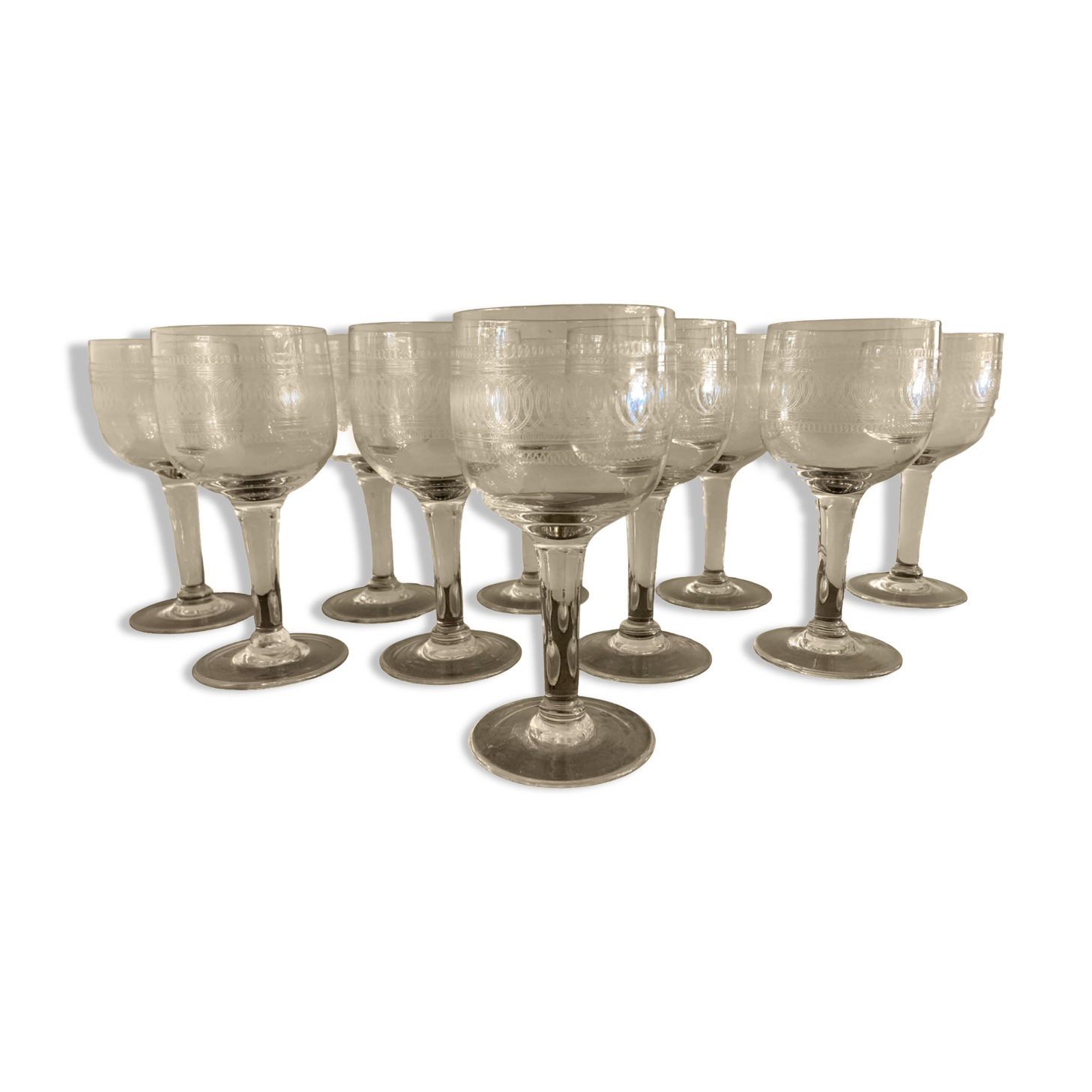 10 blown and engraved stemmed glasses
