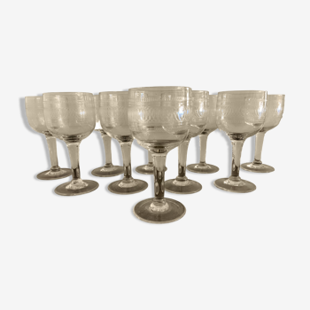 10 blown and engraved stemmed glasses