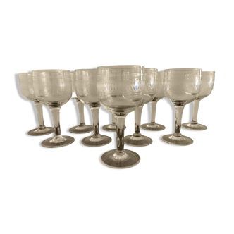 10 blown and engraved stemmed glasses