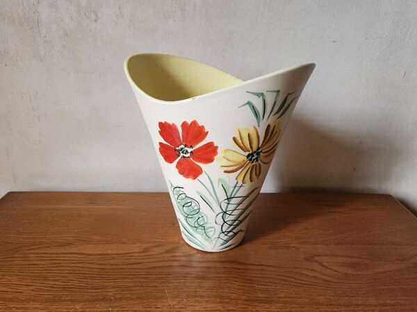 Vase vintage Vallauris années 1960, peint à la main, fleurs et jaune