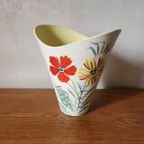 Vintage Vallauris 1960s Studio Art Vase Hand Painted Flowers & Yellow