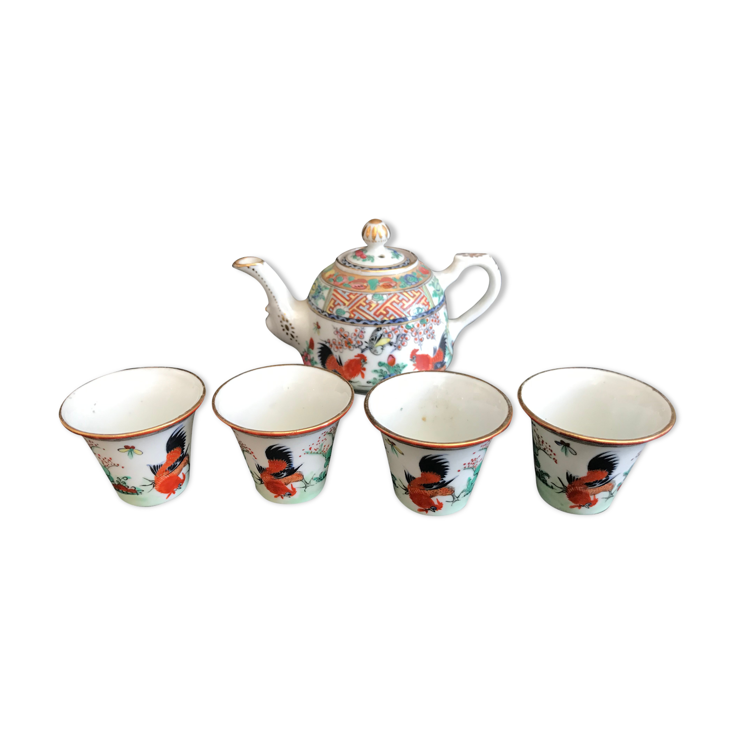 Coffee maker and 4 small bowls - porcelain - roosters and plants - china - mid-20th century
