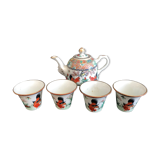 Coffee maker and 4 small bowls - porcelain - roosters and plants - china - mid-20th century