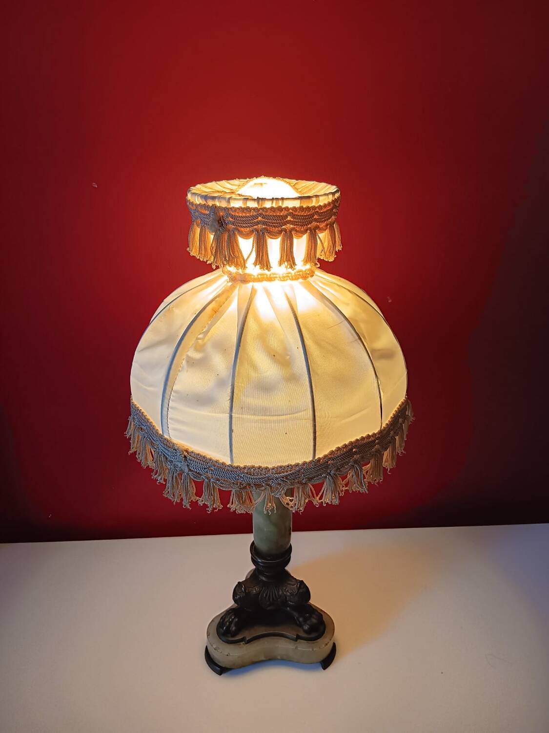 Antique lamp with green marble and bronze – fringed lampshade