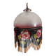 Suspension ancienne globe verre gravé rose frange perles rocaille Art
