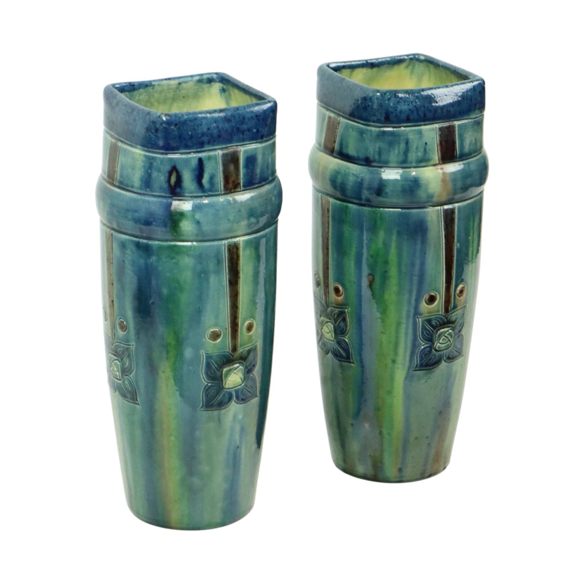 Pair of Blue Art Nouveau Vases Flemish Pottery Antiques