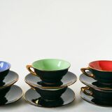 Set of 6 black and colored earthenware cups and saucers, 1950