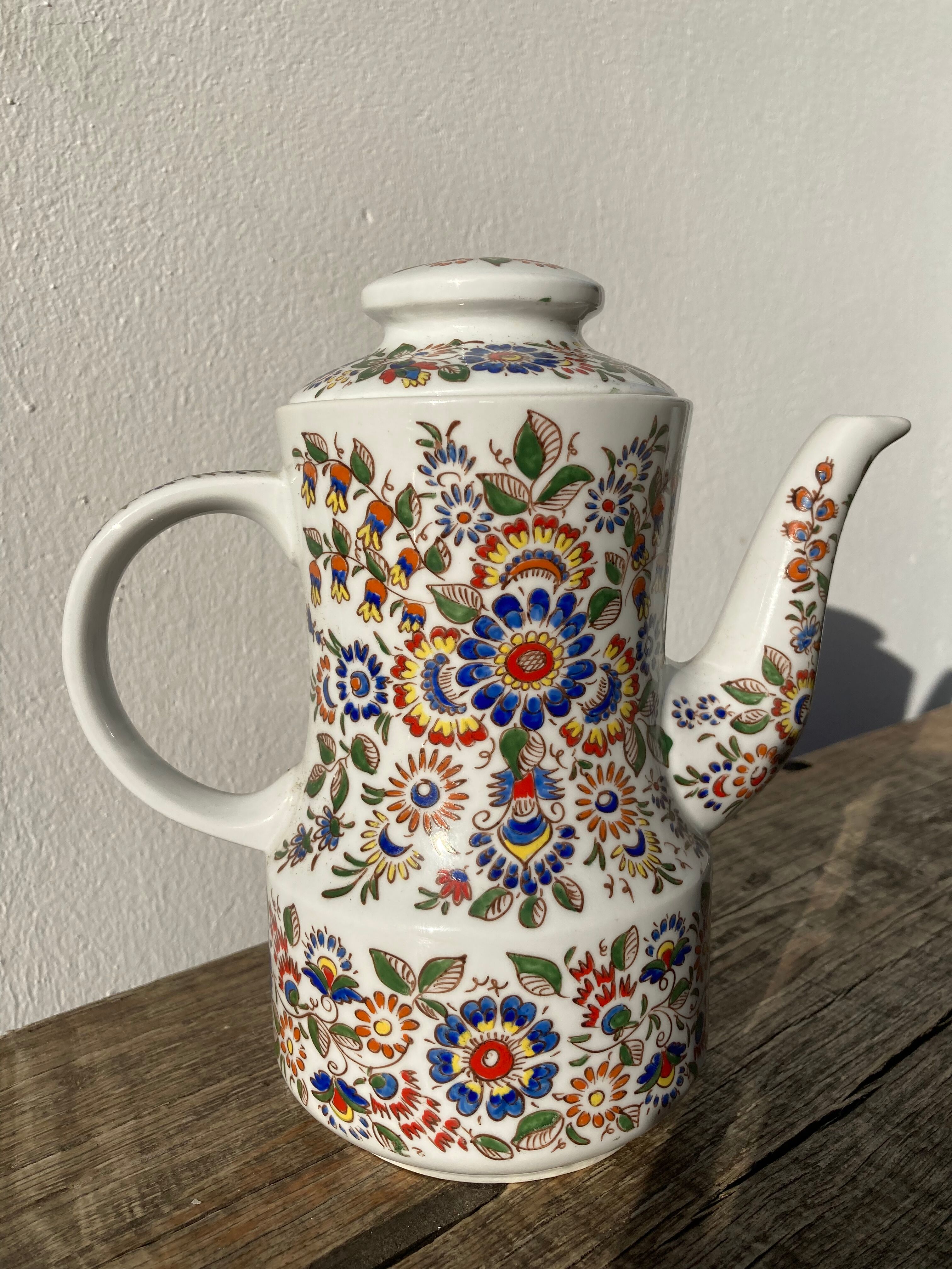White hand-painted porcelain teapot with flowers Poland 1970s