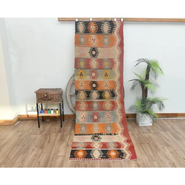 1970s Vintage Turkish Handmade Wool Cotton Orange Kilim Rug 97x295