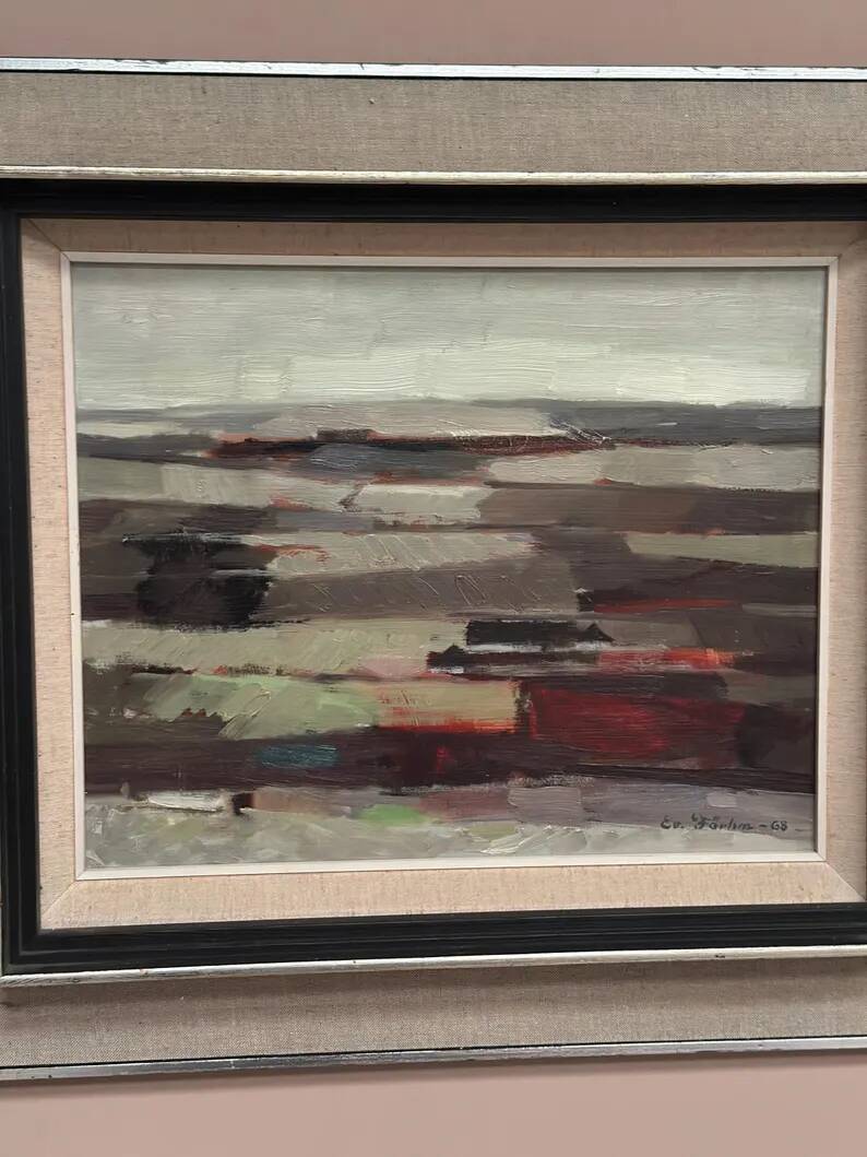 Original Swedish Oil on Panel – “Field Patches” by Evert Färhm (1901–1971) – Signed – 1968 – Vintage & Framed – 61 × 53 cm (24" × 20.9")