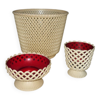 Lot of red and beige Emsa vases, flower spikes, pot cover and a bowl