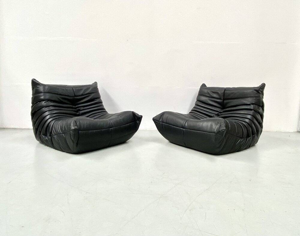 Togo lounge chairs in black leather attributed to Michel Ducaroy for Ligne Roset, set of 2