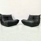 Togo lounge chairs in black leather attributed to Michel Ducaroy for Ligne Roset, set of 2