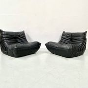Togo lounge chairs in black leather attributed to Michel Ducaroy for Ligne Roset, set of 2