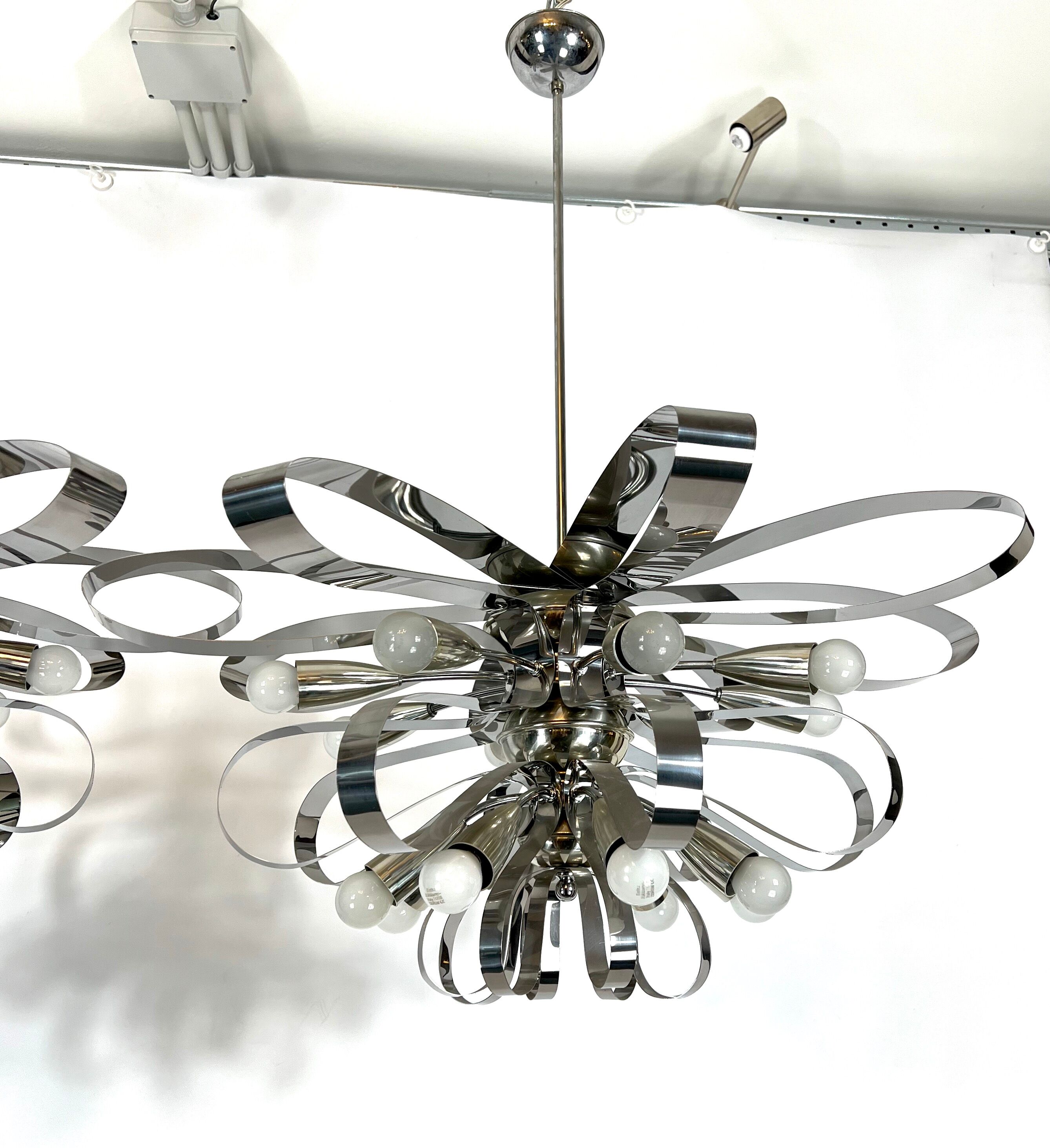 Mid-century pair of Italian chrome chandeliers from 70