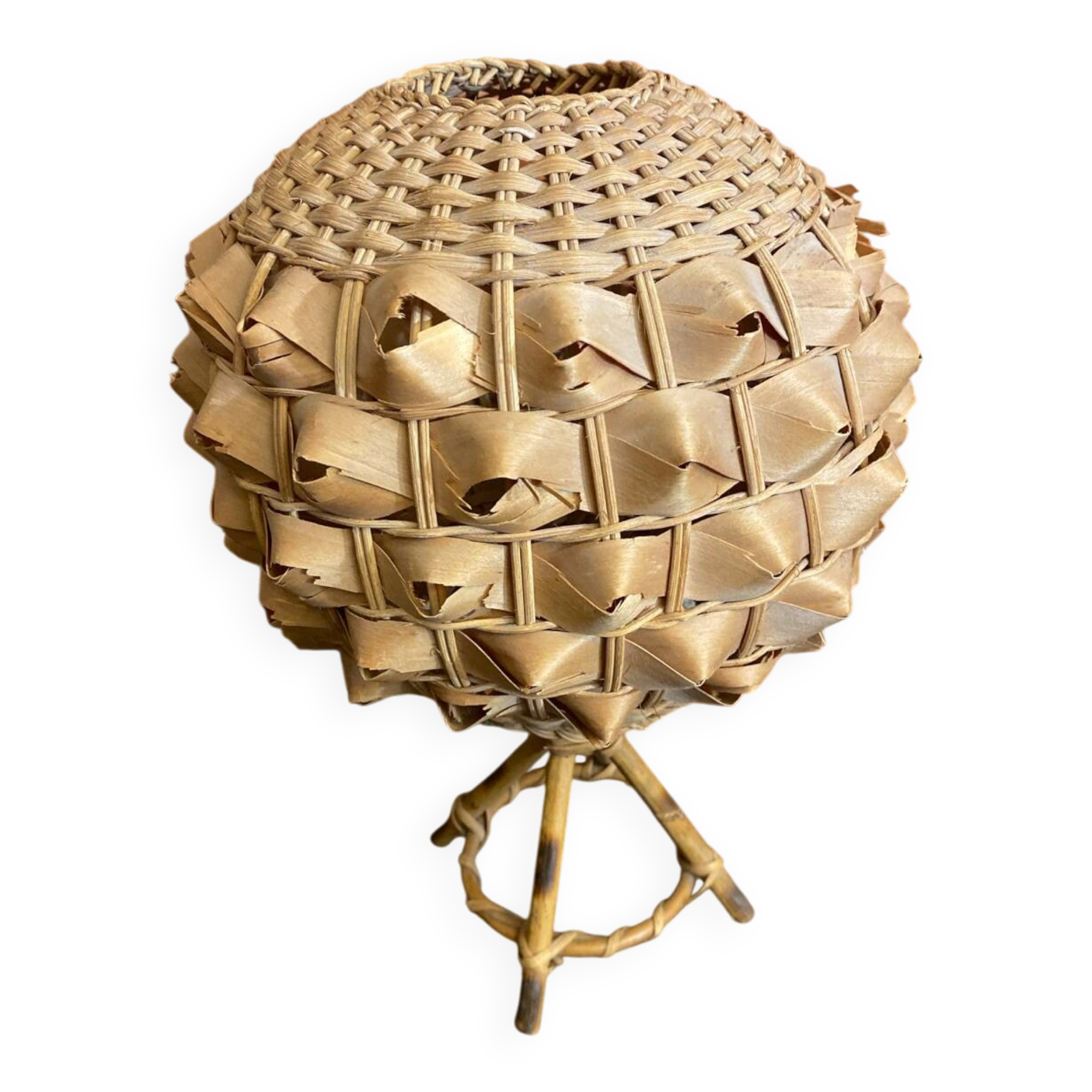 Vintage 50s Tiki Rattan Lamp + Woven Natural Fibre Ball