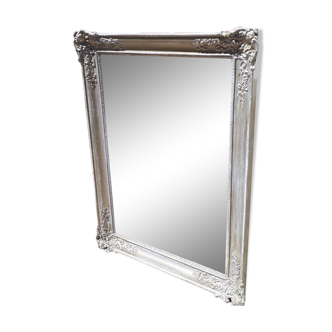 Ancien miroir bois et stuc or patine blanche 78 x 110